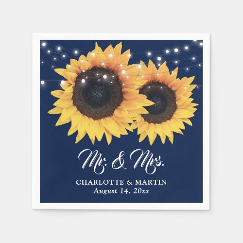 Rustic Navy Blue String Lights Sunflower Wedding Napkins