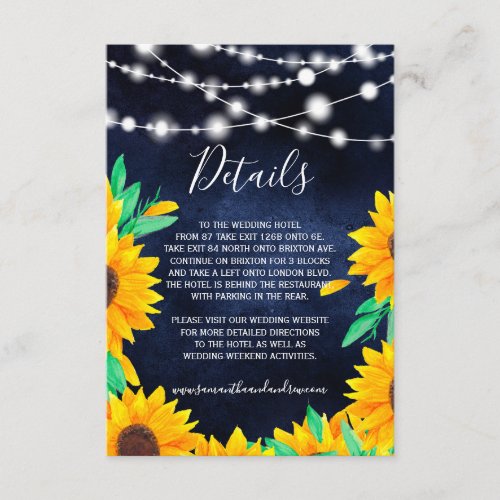 Rustic navy blue string lights sunflowers details enclosure card