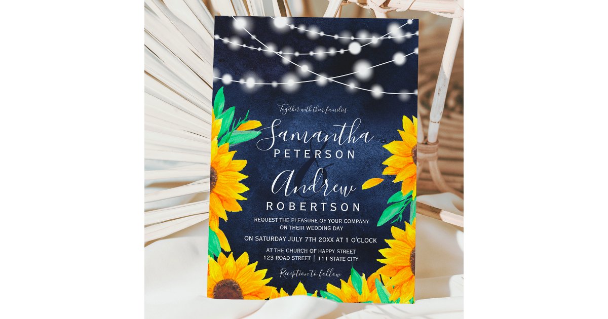 Rustic navy blue string lights sunflowers wedding invitation | Zazzle
