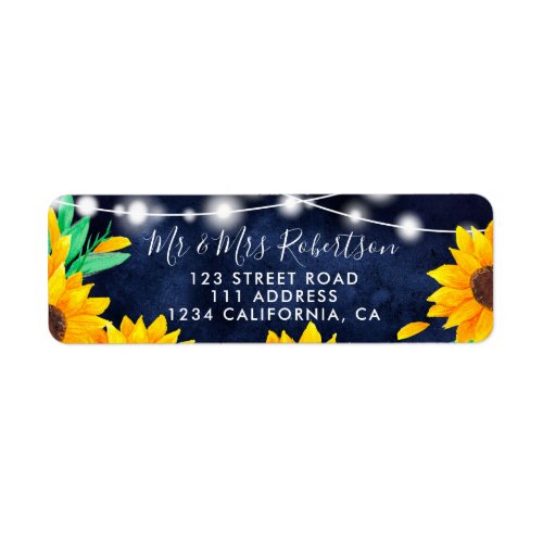 Rustic navy blue string lights sunflowers wedding label