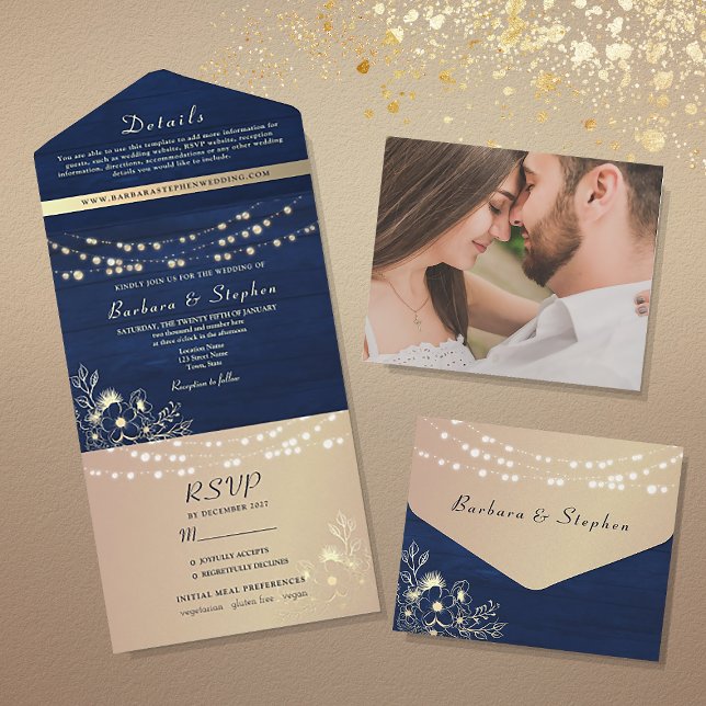 Rustic Navy Blue String Lights Wedding  All In One Invitation (Creator Uploaded)