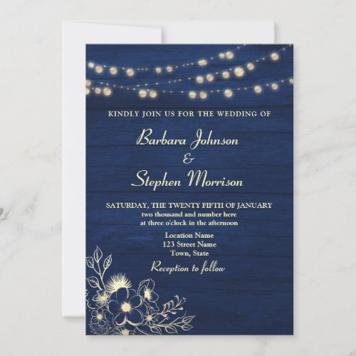 Rustic Navy Blue String Lights Wedding Invitation