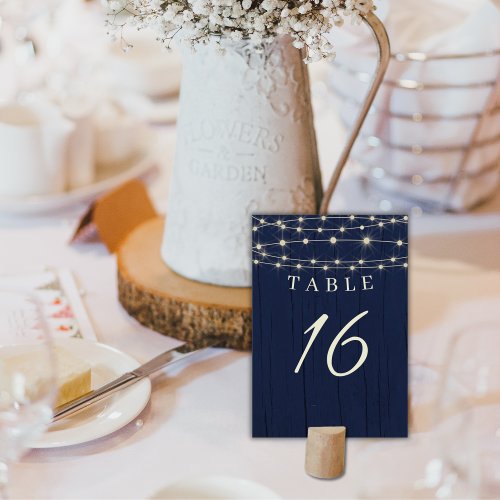 Rustic Navy Blue String Lights Wedding Table Number