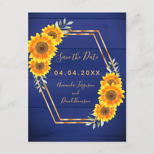Rustic navy blue sun flowers wedding Save the Date Announcement Postcard