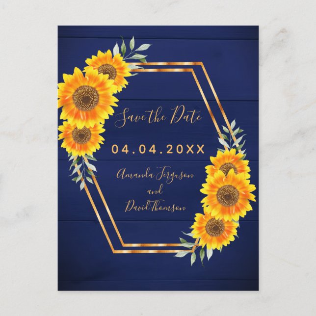 Rustic navy blue sun flowers wedding Save the Date Announcement Postcard (Front)