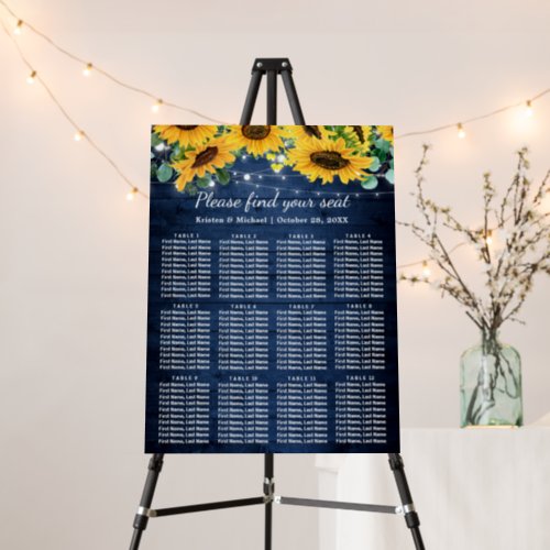 Rustic Navy Blue Sunflower 12 Tables Seating Chart Foam Board