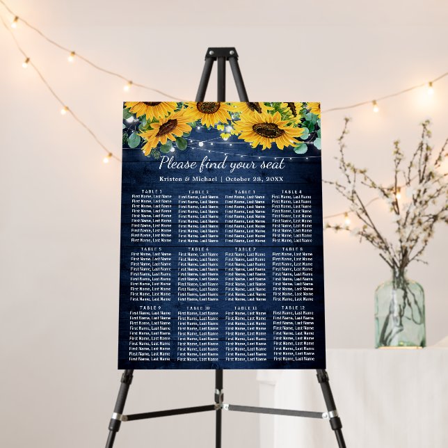 Rustic Navy Blue Sunflower 12 Tables Seating Chart Foam Board (In Situ (Stand))