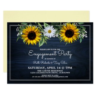 Rustic Navy Blue Sunflower|Daisy Engagement Party Invitation
