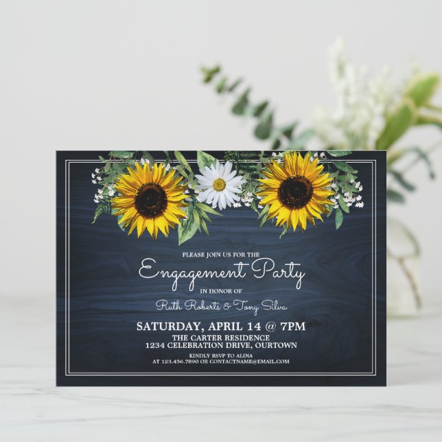 Rustic Navy Blue Sunflower|Daisy Engagement Party Invitation (Standing Front)