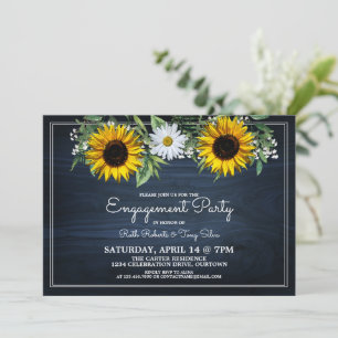 Rustic Navy Blue Sunflower Daisy Engagement Party Invitation