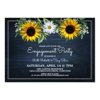 Rustic Navy Blue Sunflower|Daisy Engagement Party Invitation