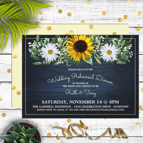 Rustic Navy Blue SunflowerDaisy Rehearsal Dinner Invitation