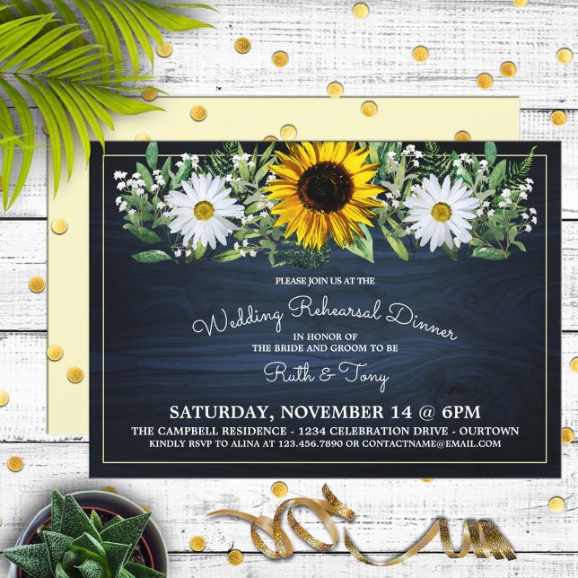 Rustic Navy Blue Sunflower|Daisy Rehearsal Dinner Invitation (Creator Uploaded)