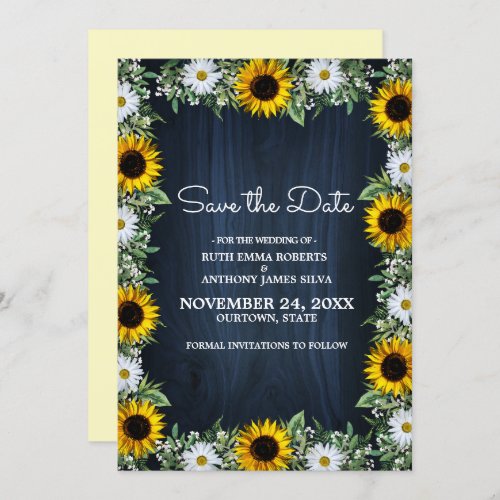Rustic Navy Blue SunflowerDaisy Save the Date Invitation