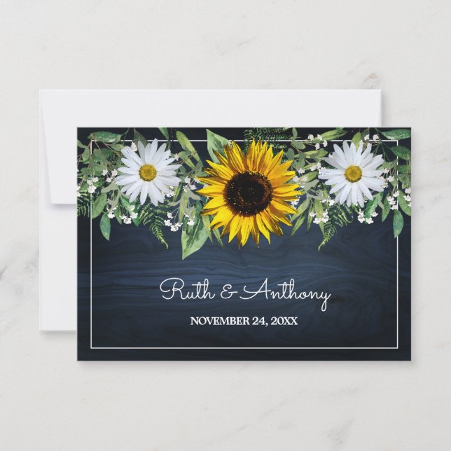Rustic Navy Blue Sunflower|Daisy Wedding Favor Thank You Card (Front)