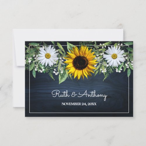 Rustic Navy Blue SunflowerDaisy Wedding Favor Thank You Card