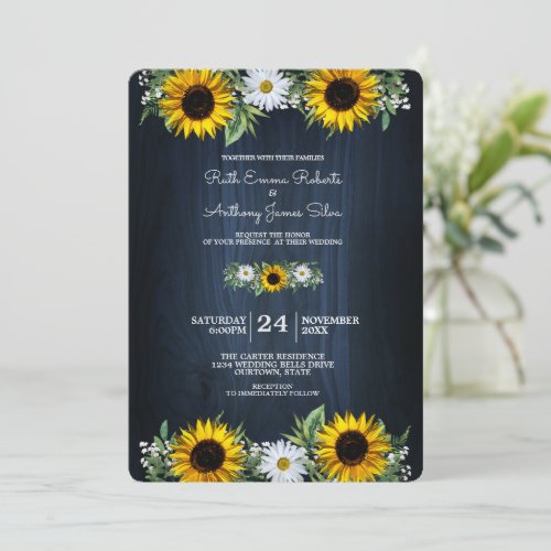 Rustic Navy Blue SunflowerDaisy Wedding Invitation