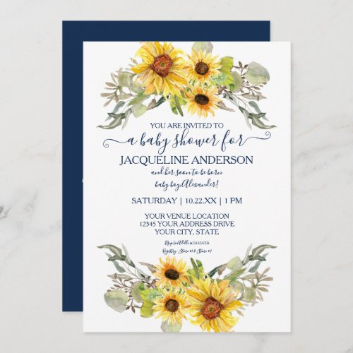 Rustic Navy Blue Sunflower Floral Boy Baby Shower Invitation