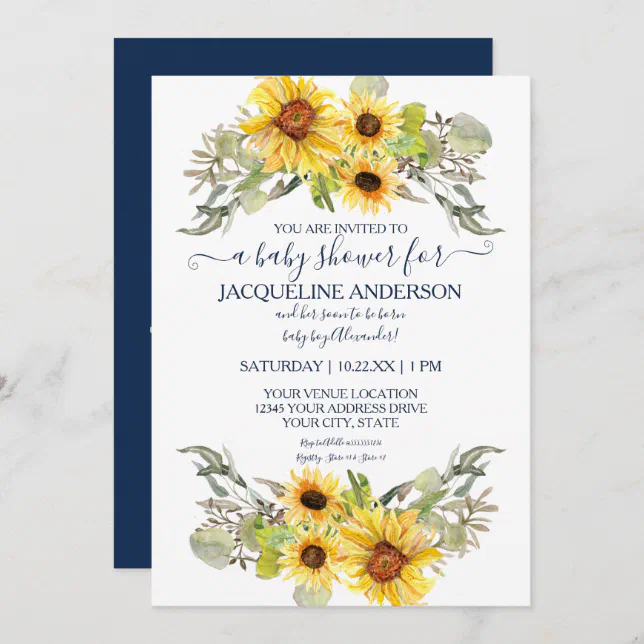 Rustic Navy Blue Sunflower Floral Boy Baby Shower Invitation | Zazzle
