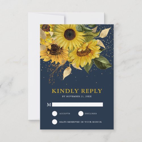 Rustic Navy Blue Sunflower Floral Wedding RSVP Card