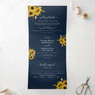 Rustic Navy Blue Sunflower Floral Wedding Tri-Fold Invitation