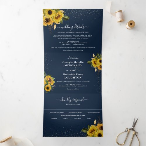 Rustic Navy Blue Sunflower Floral Wedding Tri_Fold Invitation