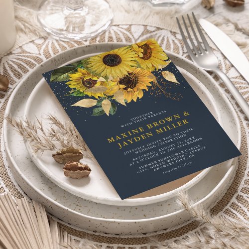 Rustic Navy Blue Sunflower  Gold Confetti Wedding Invitation