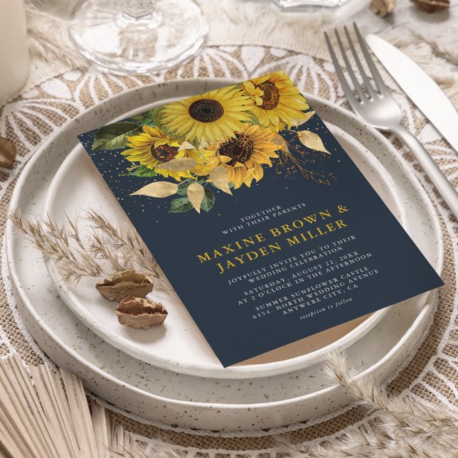 Rustic Navy Blue Sunflower & Gold Confetti Wedding Invitation (Creator Uploaded)