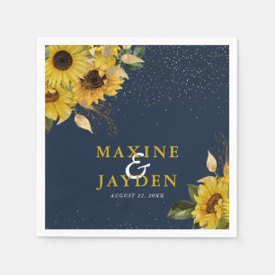 Rustic Navy Blue Sunflower & Gold Confetti Wedding Napkins