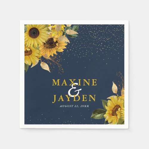 Rustic Navy Blue Sunflower  Gold Confetti Wedding Napkins