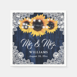 Rustic Navy Blue Sunflower Lace Mr and Mrs Wedding Napkins
