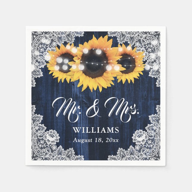 Rustic Navy Blue Sunflower Lace Mr and Mrs Wedding Napkins (Front)