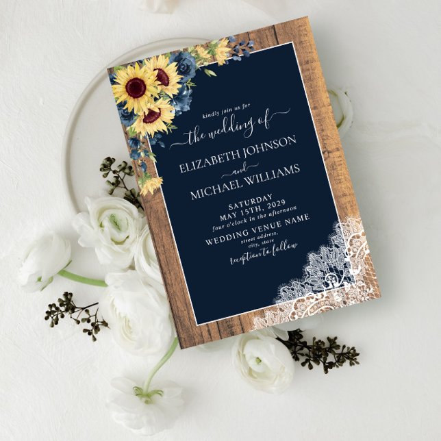 Rustic Navy Blue Sunflower Lace Script Wedding Invitation (Creator Uploaded)