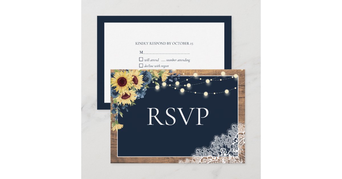 Rustic Navy Blue Sunflower Lace Wood Wedding RSVP Card | Zazzle