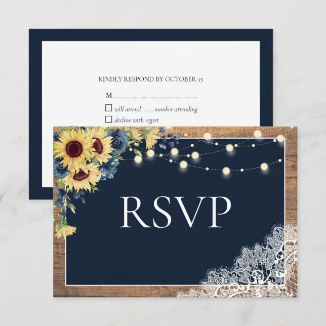 Rustic Navy Blue Sunflower Lace Wood Wedding RSVP Card | Zazzle