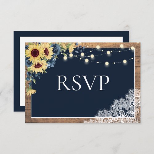 Rustic Navy Blue Sunflower Lace Wood Wedding RSVP Card