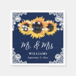 Rustic Navy Blue Sunflower Mr and Mrs Wedding Napkins