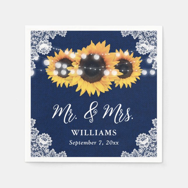 Rustic Navy Blue Sunflower Mr and Mrs Wedding Napkins (Front)