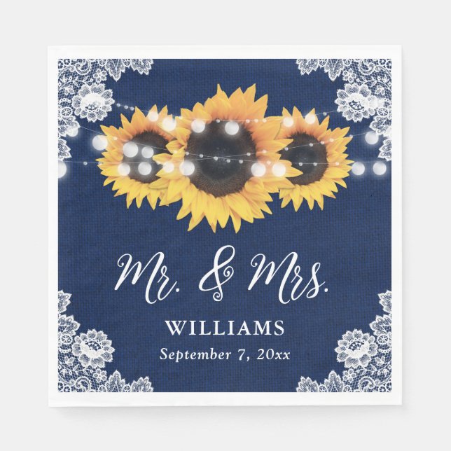 Rustic Navy Blue Sunflower Mr and Mrs Wedding Napkins (Front)