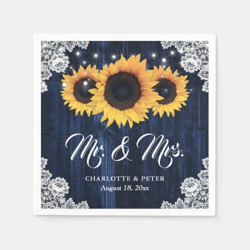 Rustic Navy Blue Sunflower Mr and Mrs Wedding Napkins