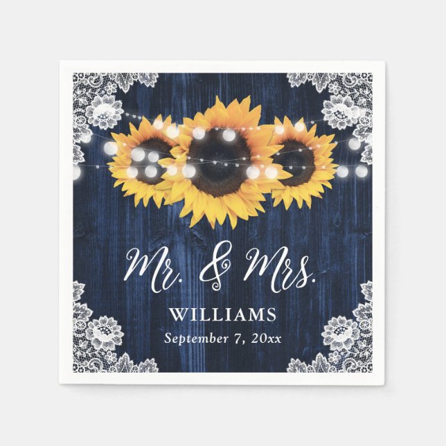 Rustic Navy Blue Sunflower Mr and Mrs Wedding Napkins (Front)