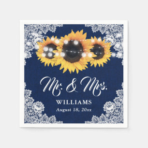 Rustic Navy Blue Sunflower Mr and Mrs Wedding Napkins
