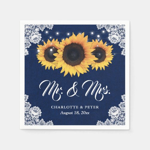 Rustic Navy Blue Sunflower Mr and Mrs Wedding Napkins
