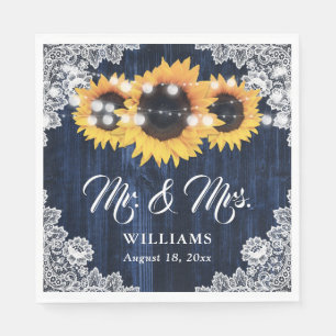 Rustic Navy Blue Sunflower Mr and Mrs Wedding Napkins
