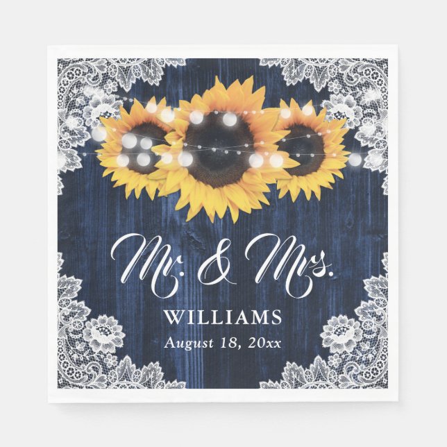 Rustic Navy Blue Sunflower Mr and Mrs Wedding Napkins (Front)