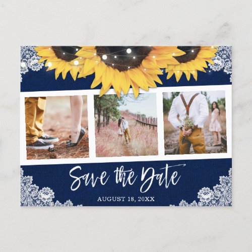 Rustic Navy Blue Sunflower Photo Save The Date Announcement Postcard