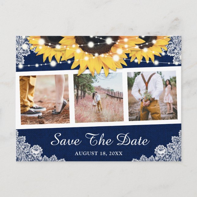 Rustic Navy Blue Sunflower Photo Save The Date Announcement Postcard (Front)