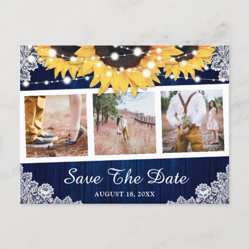 Rustic Navy Blue Sunflower Photo Save The Date Announcement Postcard