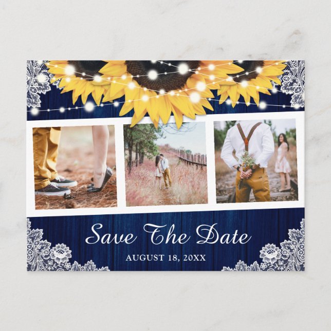Rustic Navy Blue Sunflower Photo Save The Date Announcement Postcard (Front)