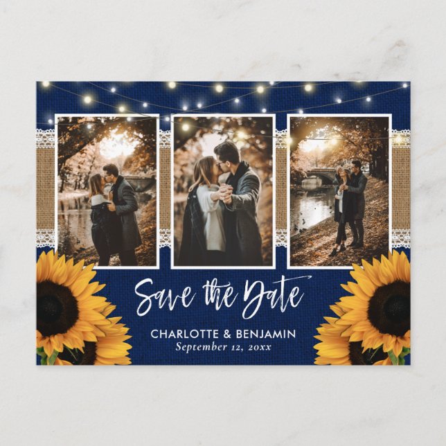 Rustic Navy Blue Sunflower Photo Save The Date Announcement Postcard (Front)